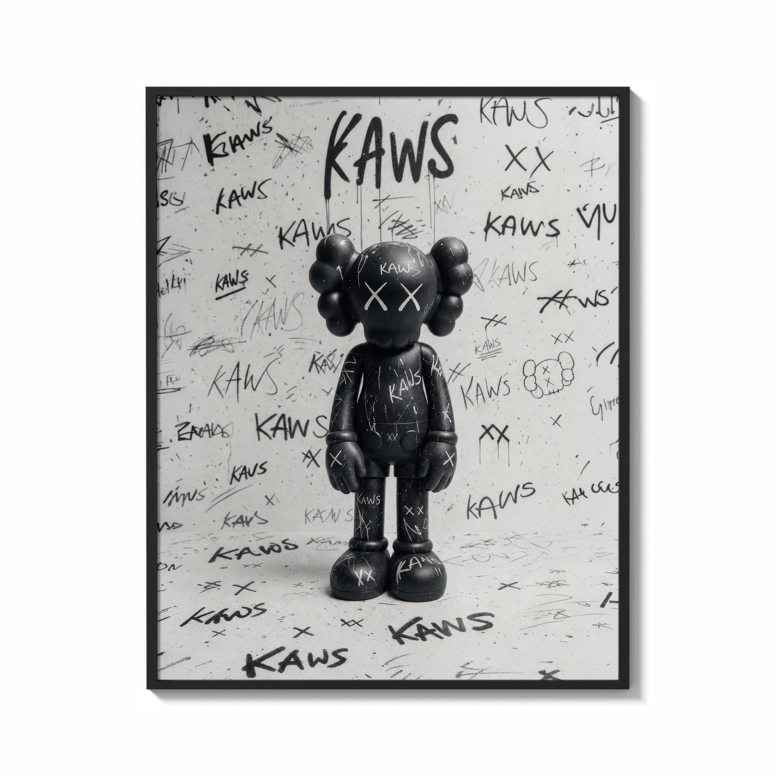 Framed Black and white KAWS graffiti framed poster print shown as a bold statement piece on a clean gallery wall
