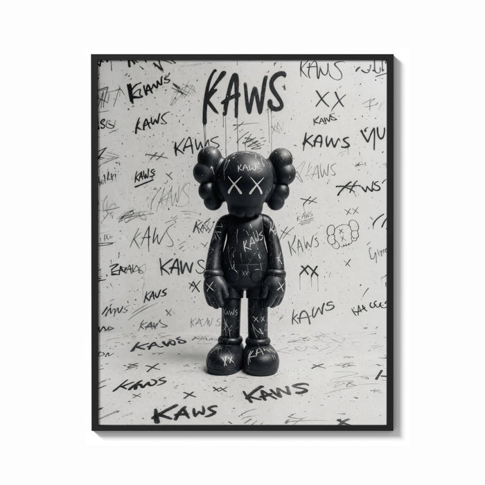 Framed Black and white KAWS graffiti framed poster print shown as a bold statement piece on a clean gallery wall