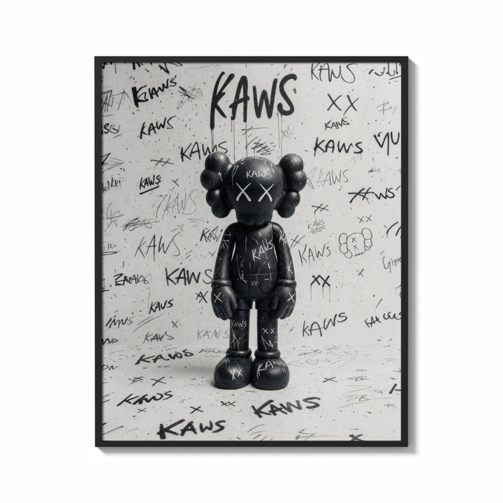 Framed Black and white KAWS graffiti framed poster print shown as a bold statement piece on a clean gallery wall