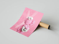 KAWS figure holding a plush toy on a bubblegum pink backdrop in a playful XX triptych panel
