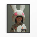 Girl white bunny hat with pink crosses on a gray background, KAWS Style digital download wall art