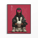 Illustration of a person with a black outfit and white shoes sitting next to a white bunny toy on a red background.