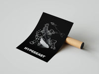 Black HYPEBEAST poster featuring KAWS characters with sneaker and doodle elements shown with a shipping tube