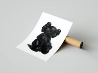 Matte black KAWS comfort-pose figure in minimalist all-black hypebeast art with grey script