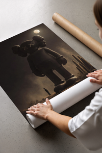 Giant KAWS Companion figure looming over small human print laid flat in a styling flatlay