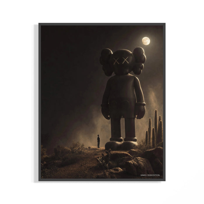 Framed Giant KAWS Companion figure looming over small human print displayed as a statement piece