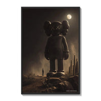Giant KAWS Companion figure looming over small human poster framed on a white gallery wall