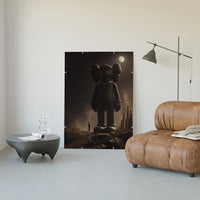Giant KAWS Companion figure looming over small human poster framed in a luxury living-room setting