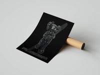 KAWS Companion cradling a smaller figure on a black background poster resting on a shipping tube