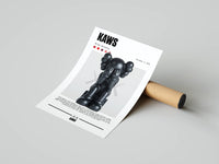 Dark grey KAWS Companion standing figure on a neutral background displayed as a rolled poster on a kraft tube