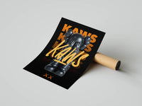 KAWS companion covering its face surrounded by stacked orange block and script KAWS lettering on a black print