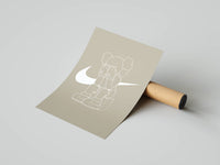 KAWS Companion figure beside a Nike swoosh illustration on tan background shown with a shipping tube