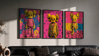 KAWS Companion figures triptych triptych in three black frames on a grey wall above a leather sofa