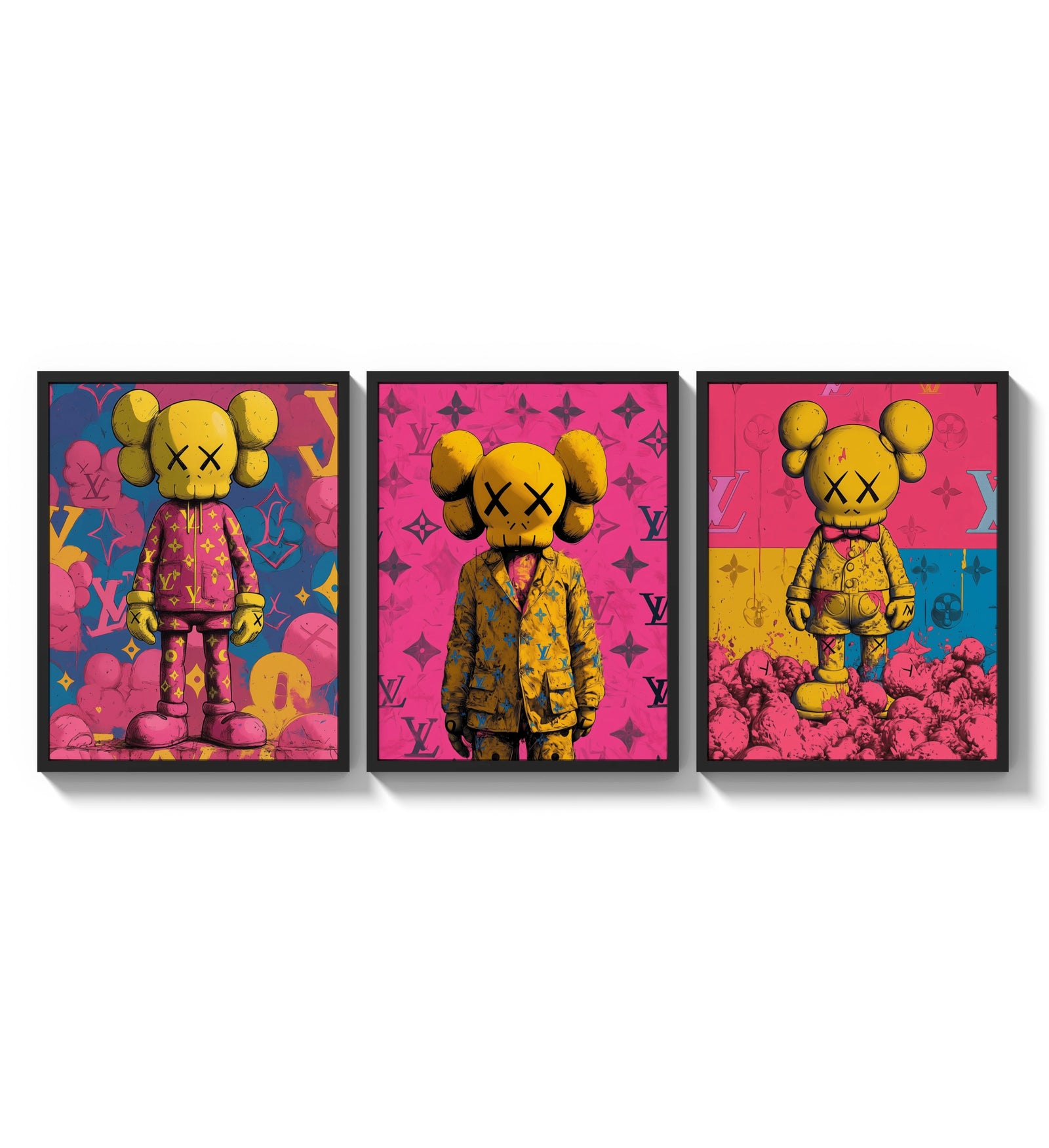 KAWS Companion figures triptych three-panel set arranged as a triptych on a bright gallery wall