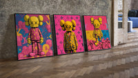 KAWS Companion figures triptych three-piece set leaning on parquet beside a vintage loft door