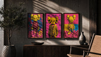 KAWS Companion figures triptych triptych in three walnut frames above a sideboard in a warm room