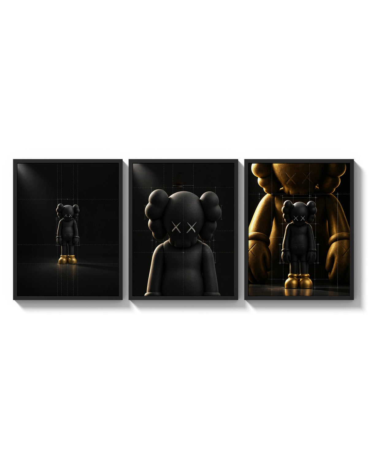 KAWS Companion Matte Black and Gold Set of 3 arranged as a triptych on a bright gallery wall