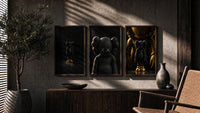 KAWS Companion Matte Black and Gold Set of 3 in walnut frames above a sideboard in a warm room