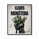 Framed KAWS Companion figure holding monstera plant print shown as a bold statement piece on a clean gallery wall