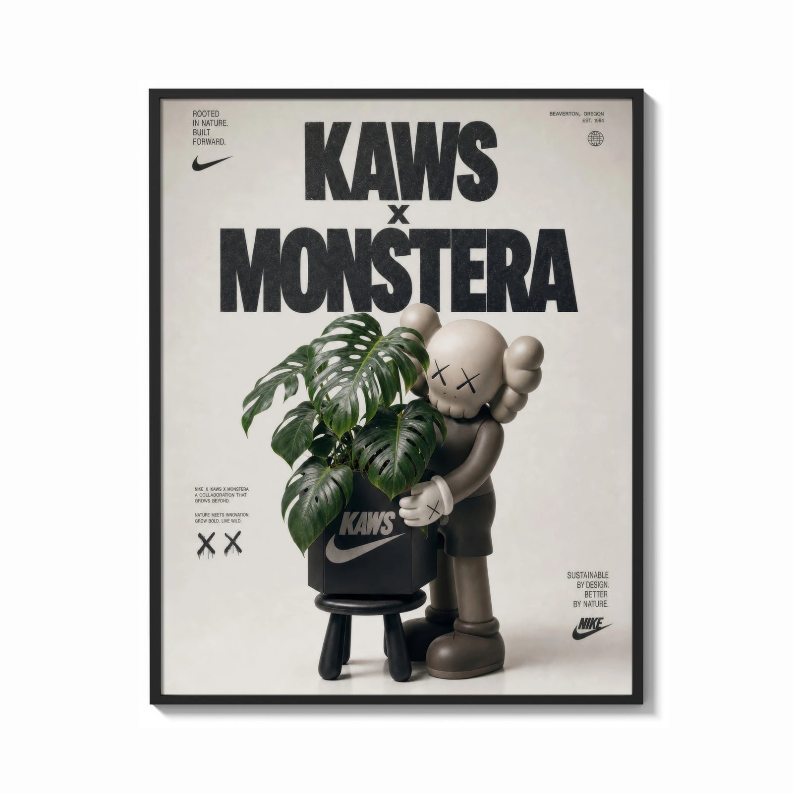 Framed KAWS Companion figure holding monstera plant print shown as a bold statement piece on a clean gallery wall