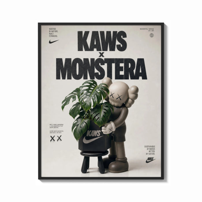 Framed KAWS Companion figure holding monstera plant print shown as a bold statement piece on a clean gallery wall