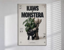 KAWS Companion figure holding monstera plant poster in a slim frame on a bright wall with soft window light