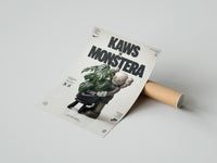 Rolled KAWS Companion figure holding monstera plant poster beside its crush-resistant kraft shipping tube
