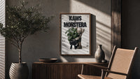 KAWS Companion figure holding monstera plant poster framed above a fluted sideboard beside an olive tree