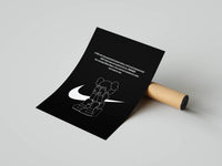 Standing KAWS Companion on a monochrome Nike swoosh shown as a rolled poster print on a tube