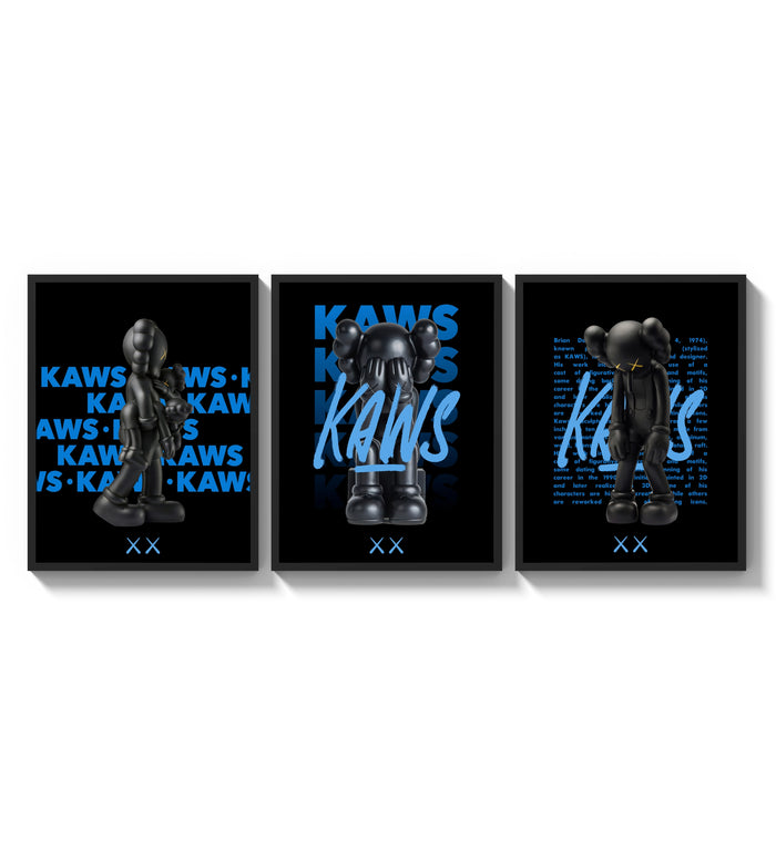 KAWS Companion figures triptych three-panel set arranged as a triptych on a bright gallery wall