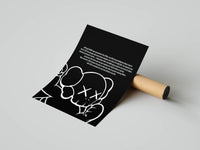 Seated KAWS Companion figure in black and white line art shown as a rolled print resting on a kraft shipping tube