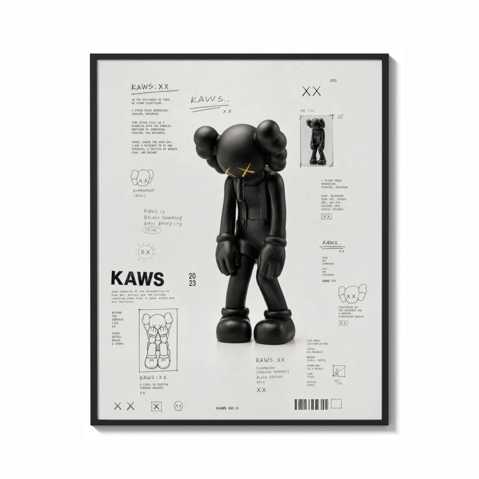 Framed KAWS Companion Passing Through figure print shown as a bold statement piece on a clean gallery wall