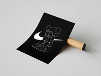 White swoosh KAWS Companion poster on a black ground resting beside a cardboard shipping tube