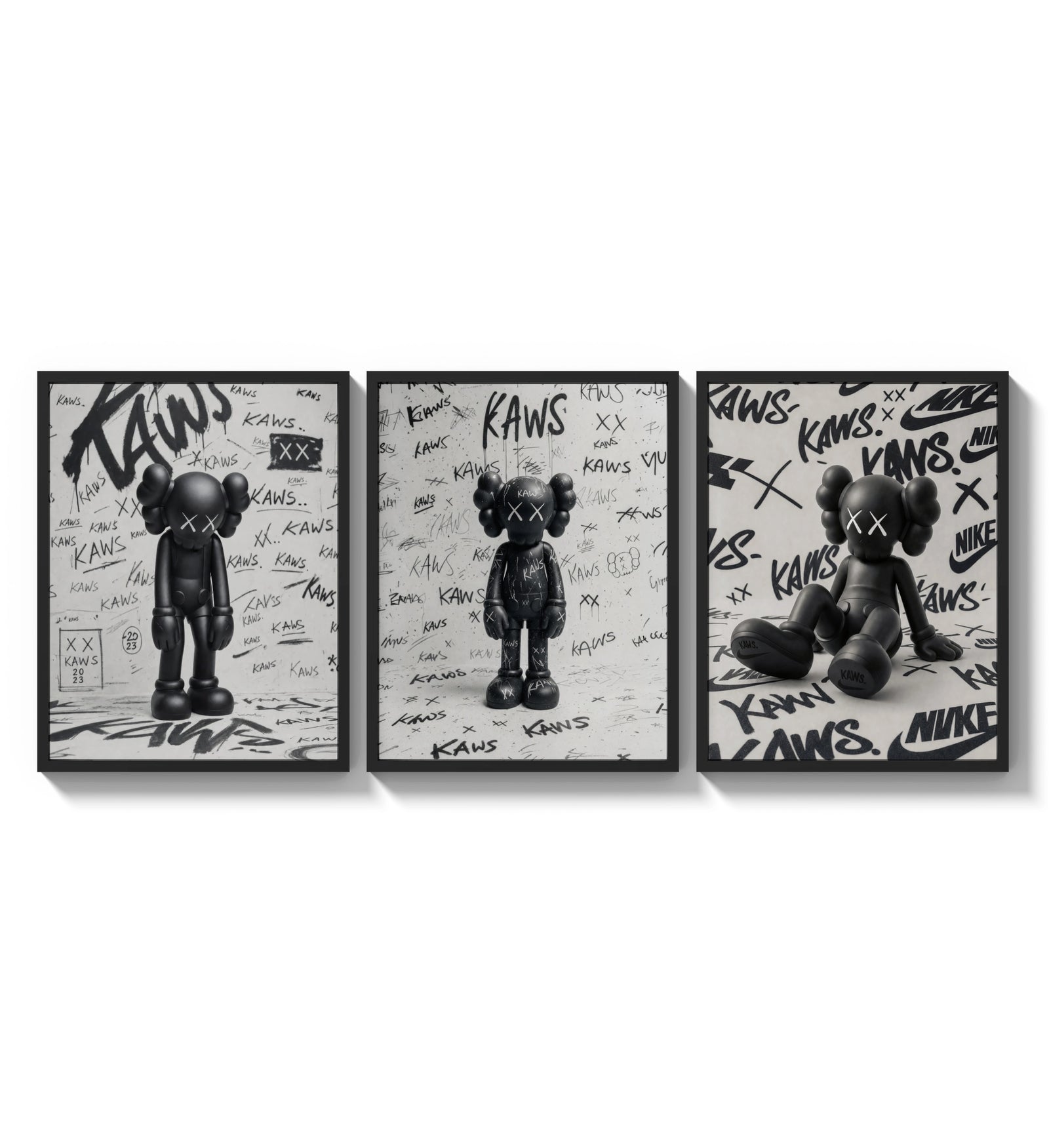 KAWS Companion figure three-panel set arranged as a triptych on a bright gallery wall