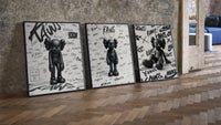 KAWS Companion figure three-piece set leaning on parquet beside a vintage loft door