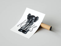 Brooding KAWS figure with covered eyes and XX brushstroke text in monochrome art print