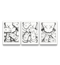 KAWS crosshatch triptych poster set showing glove and XX face prints in monochrome line art