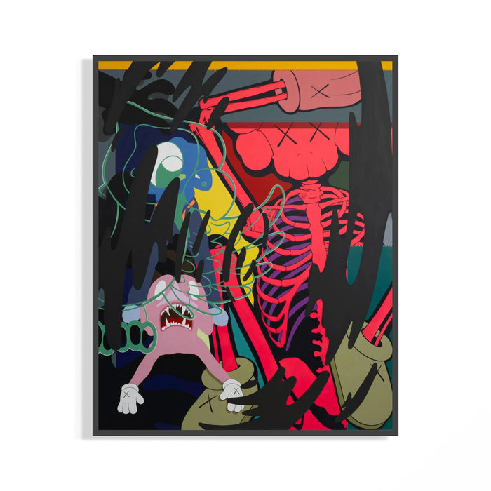 KAWS Down Time Skeleton Companion poster with colourful cartoon characters surrounding a red skeleton in a chaotic scene