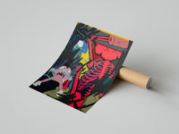 Partially unrolled KAWS Down Time Skeleton poster emerging from a cardboard tube revealing vibrant cartoon skeleton art
