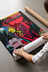 Hands unrolling the KAWS Down Time poster to show a colourful skeletal ribcage and cartoon figures set in red