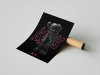 Playful KAWS figure outlined in vibrant neon pink with street art XX typography overlaid