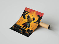 Standing KAWS figure surrounded by smaller companions on a fiery red and gold LV background as a rolled print