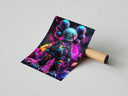 KAWS-style Fortnite figure in tactical gear surrounded by vivid neon purple smoke and pop art energy.