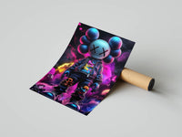 Tactical-gear KAWS-style figure wrapped in vivid neon purple smoke and pop art energy
