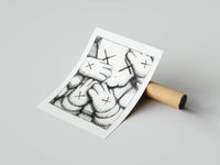 Hand-drawn KAWS glove collage poster built from dense crosshatch shading on white