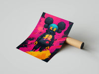 Cyan-faced KAWS figure with yellow XX eyes in a black hoodie on a hot pink graffiti backdrop