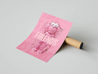 Collectible KAWS-inspired poster with playful pink figures and bold FRIENDS lettering up front