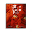 Red plush KAWS-style character poster with Off the Beaten Path typography inside a thin dark frame