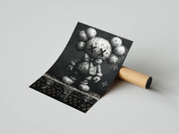 Standing KAWS figure in bow tie posed on Louis Vuitton trunks with floating monogram details on dark ground