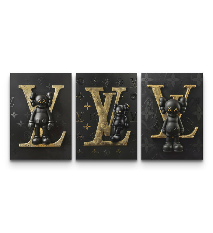 Three-panel KAWS LV Feat. XX poster set with matte black figures over gold Louis Vuitton monogram backgrounds